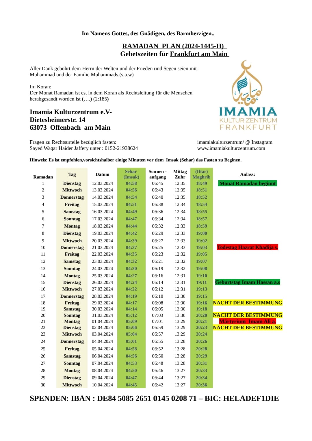 Ramadan Kalender 2024 Shia Momineen in Europe